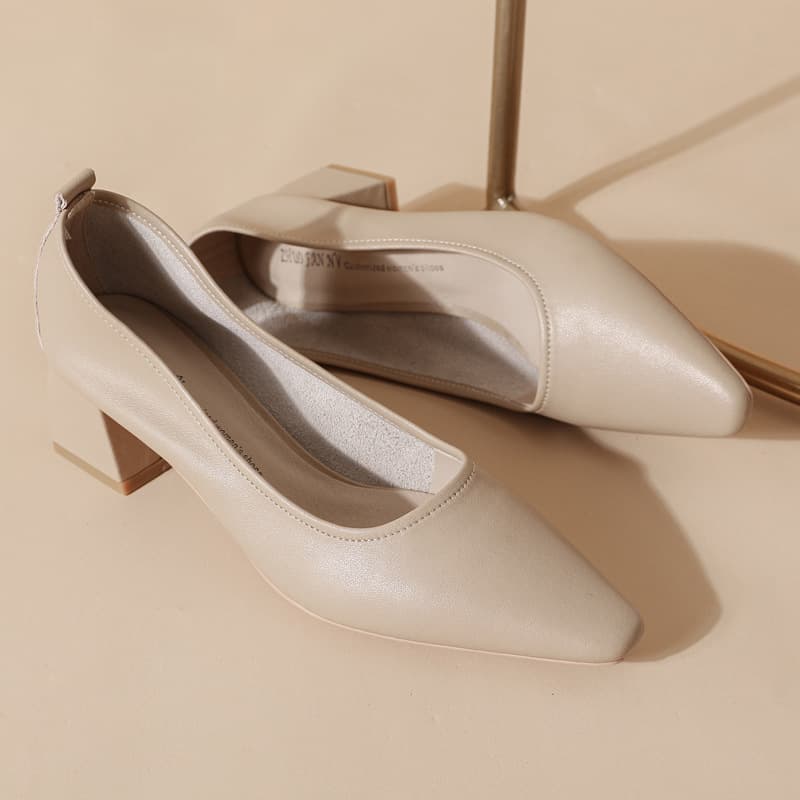 5888-1 Genuine Leather Square Toe Chunky Heel Pumps Soft Leather Work Shoes Mid Heel 5cm Comfort Shoes New Style Women's Flats