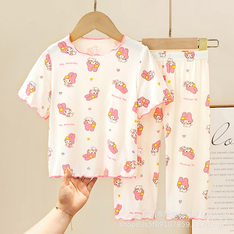 2026 New Summer Ice Silk Thin Kids Pajamas Girls Air Conditioning Suit Set Cartoon Short Sleeve Two-Piece Set