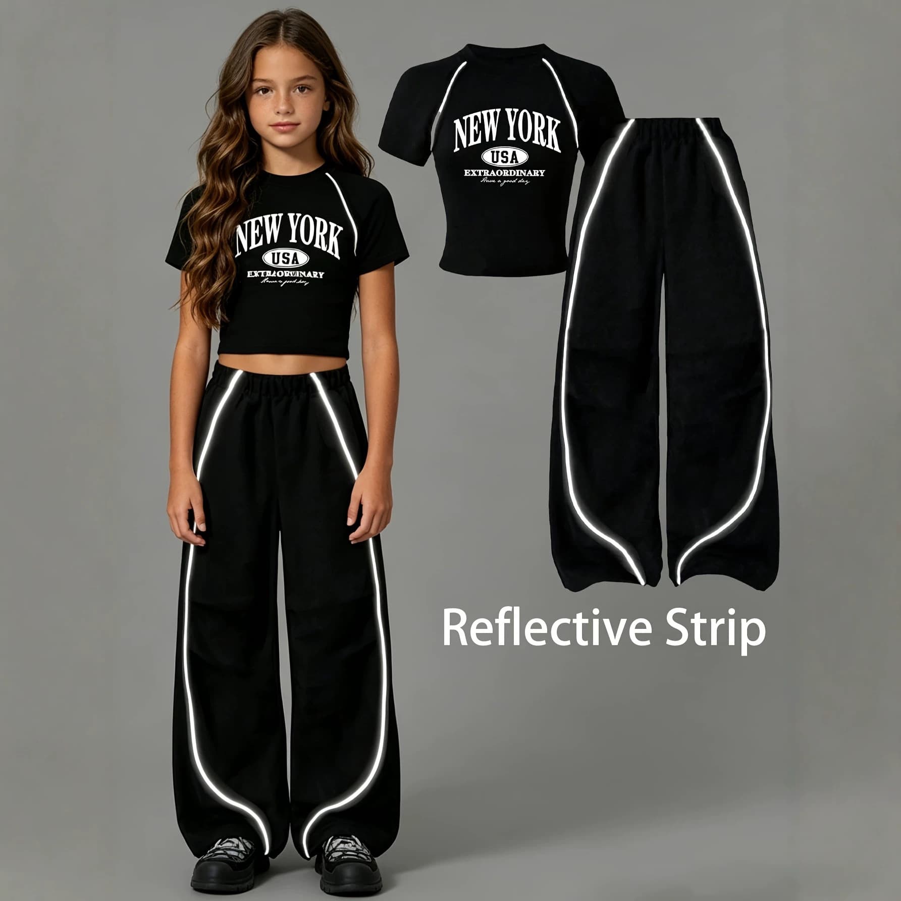 Overseas Trade INS Girls Summer Casual Solid Color Crew Neck Short Sleeve Fitted T-Shirt and Loose Straight Leg Pants 2-Piece Set