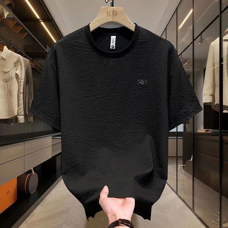 2025 Summer Lightweight Ice Silk Short Sleeve Men's Crew Neck Embroidered Logo Fashionable Half Sleeve Versatile Solid Color Comfortable Wholesale