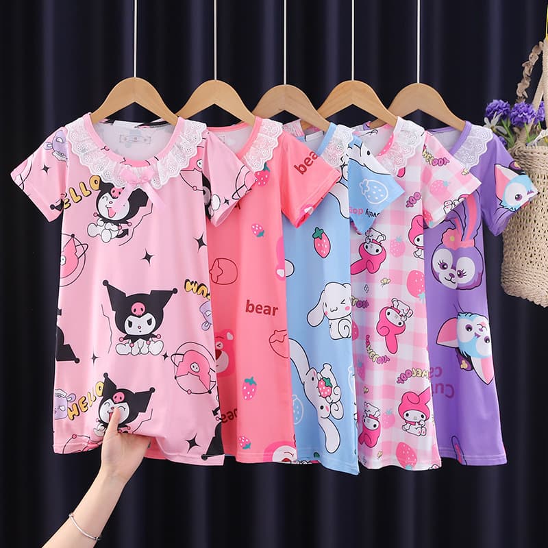 Cross-border wholesale children's nightgown girls' pajamas summer princess lace short sleeve sleep dress homewear air conditioning wear