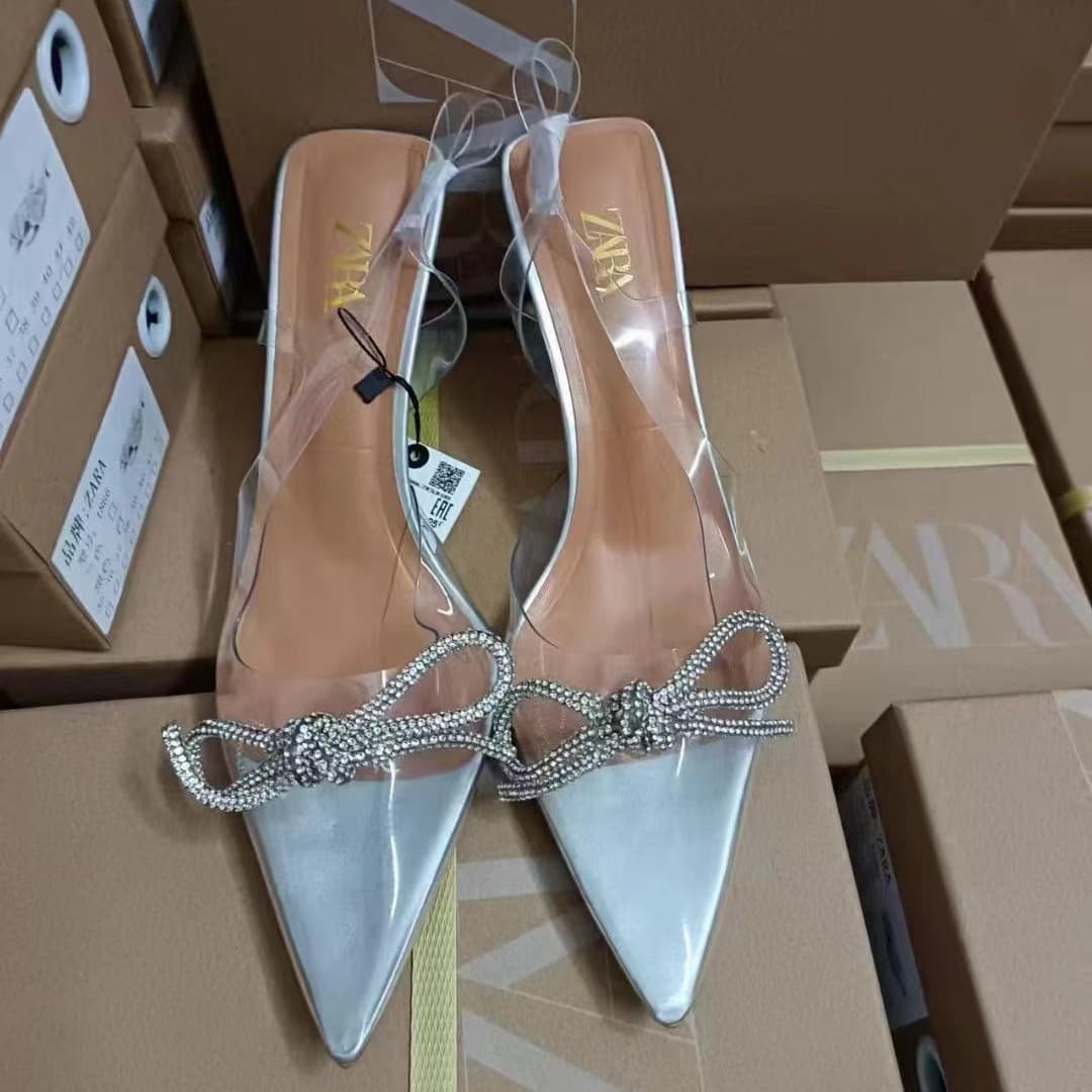 ZA2024 Summer New Women's PVC Transparent High Heels Pointed Toe Closed Toe Crystal Heel Rhinestone Bow Shoes