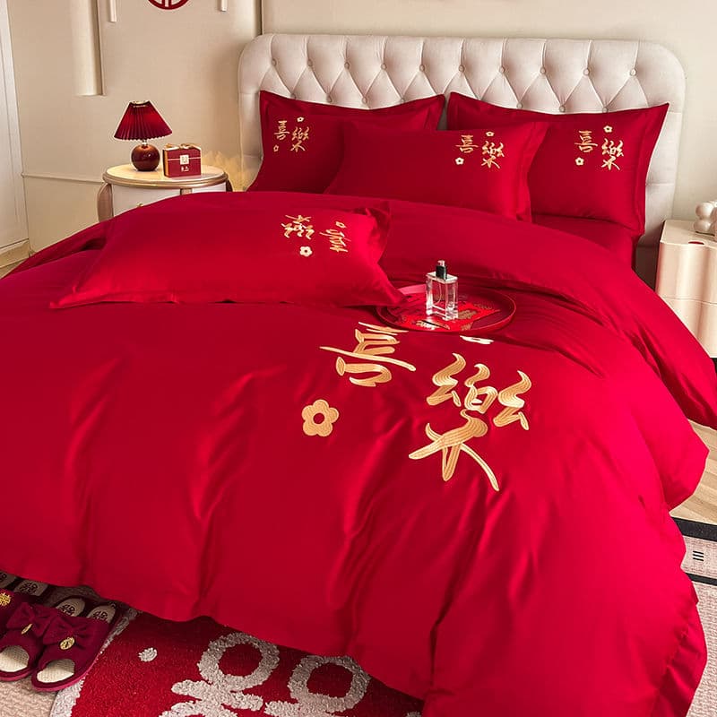 Light Luxury Wedding Four-Piece Set Bright Red Duvet Cover Embroidered Marriage Festive Dowry Sheet Newlywed Bedding Factory