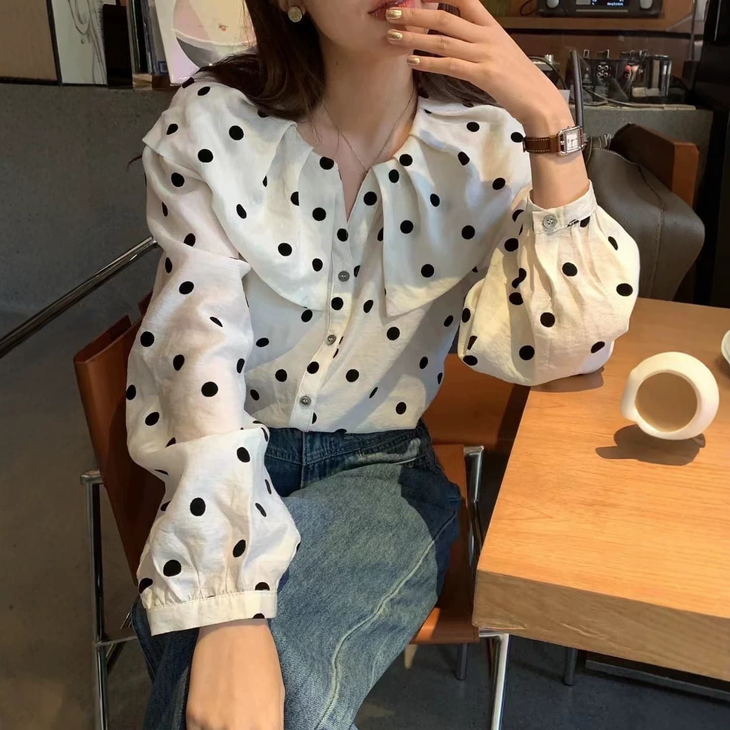 Dongdaemun Doll Collar Long-Sleeved Shirt, New Summer Style Korean Sweet Contrasting Color Polka Dot Single-Breasted Casual Shirt