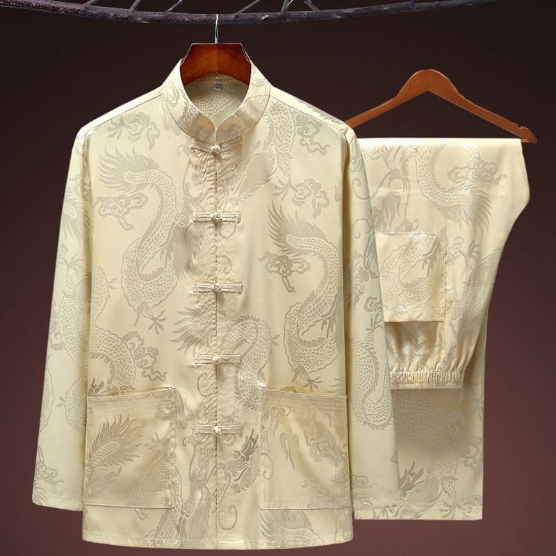 Ice Silk Long Sleeve Men's Set Father's Style Tang Suit Morning Exercise Silk Shirt Grandpa Hanfu Traditional Chinese Costume