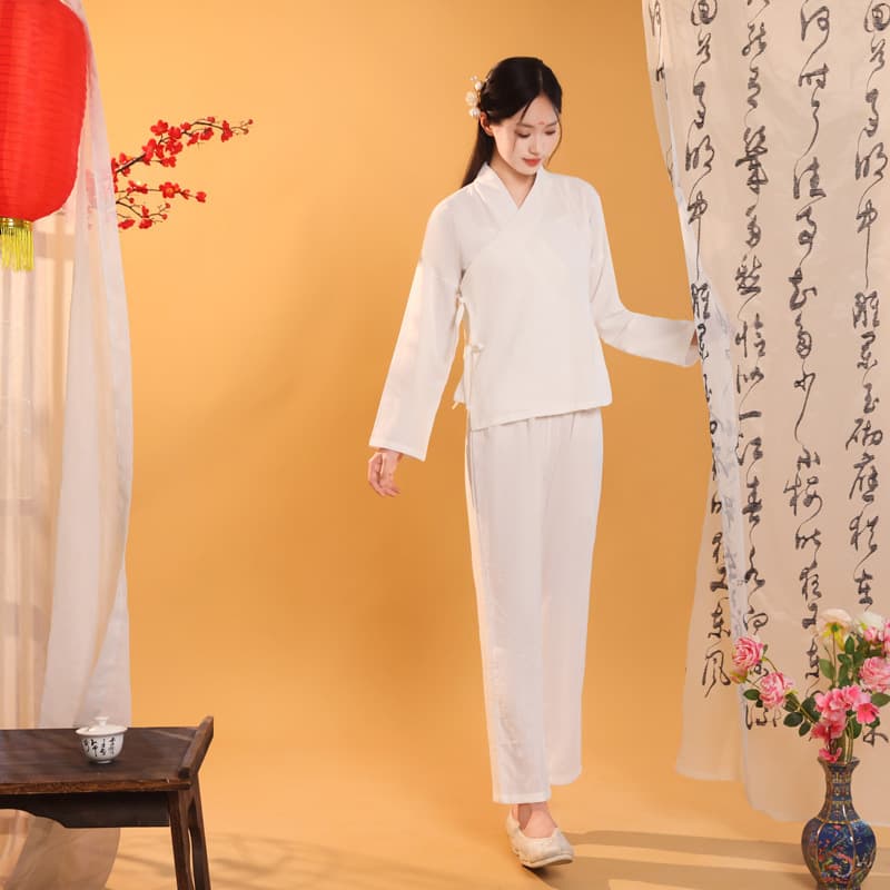Hanfu Zhongyi for Women and Men Cross-Collar Inner Layer White Full Set Chinese Style Pants Suit