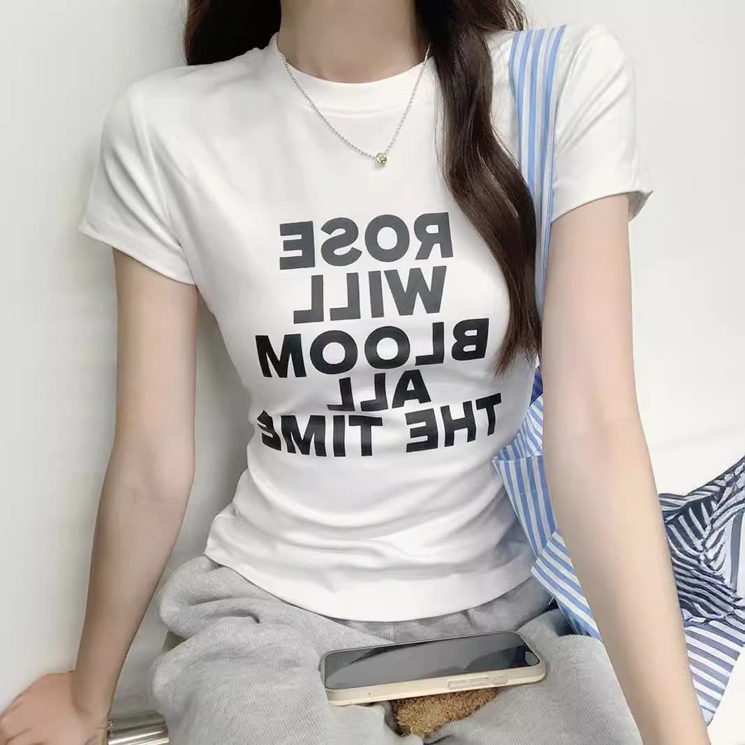 Blue Short Sleeve T-Shirt Women's Slim Fit Cotton Print Summer Top American Style Hot Girl Casual round Neck Tee Pure Desire