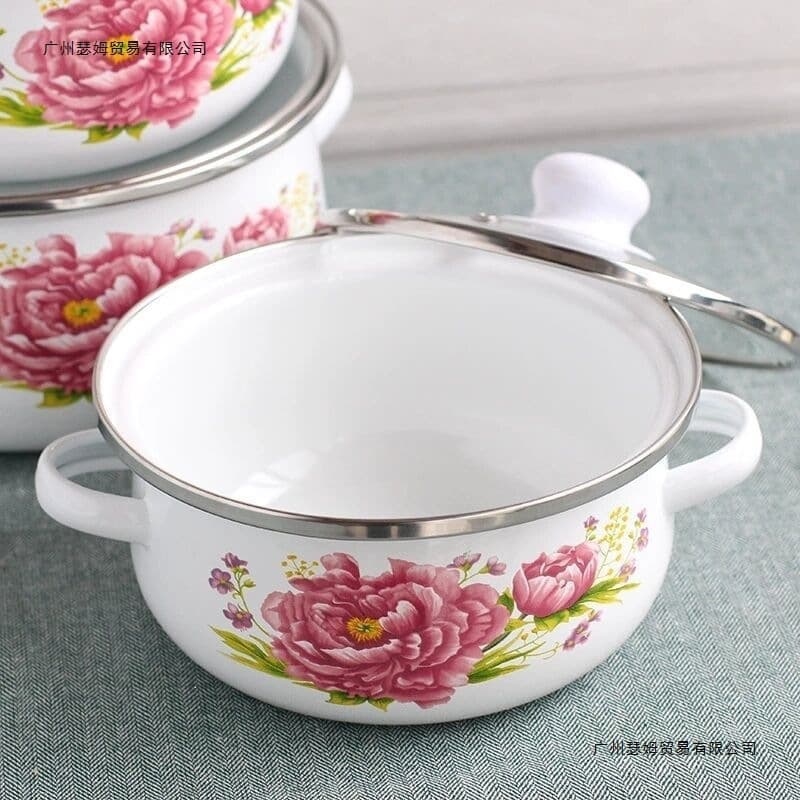 Thickened Enamel Pot 3-Piece Set, Double-Handled Soup Pot, Stew Pot, Instant Noodle Bowl, Hot Pot, Lard Bowl