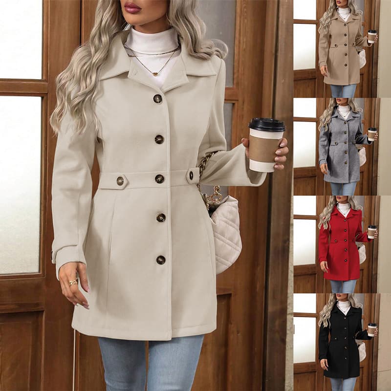 Cross-border 2025 Autumn Winter New Product Mid-Length Elegant Wool Coat Lapel Button Elegant Slim Wool Coat