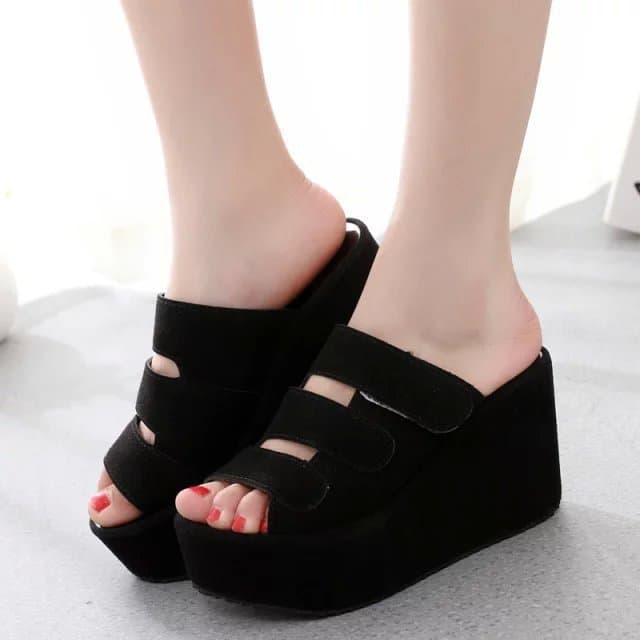 Cross-border New Large Size Thick-Soled Wedge Heel Sandals Fashion Slippers, Korean Velcro High-Heeled Matte Women's Slippers