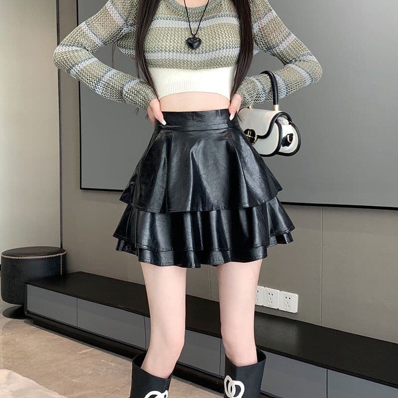 Large size leather midi skirt women's autumn winter new high-waist slimming anti-exposure pocket short skirt tiered puff skirt