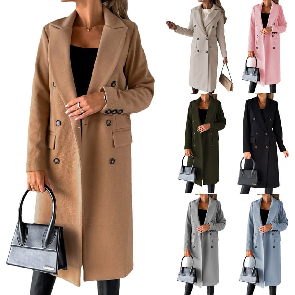 Women's Clothing Spring 2025 New Amazon Cross-border Outerwear Versatile Wool Coat Solid Color Long Sleeve Double-Breasted Insert Pocket