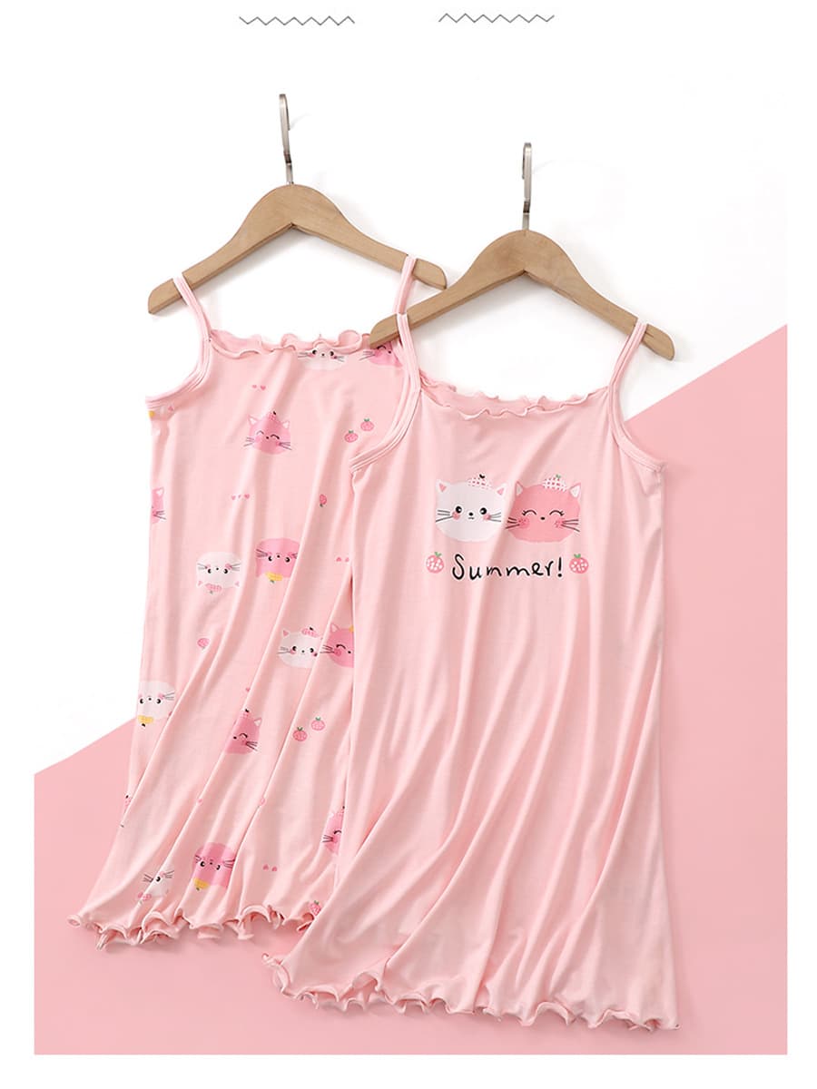 Girls' Summer Thin Strap Dress Yikesi Girls' Pajamas Homewear New Summer Thin Ice Silk Nightgown