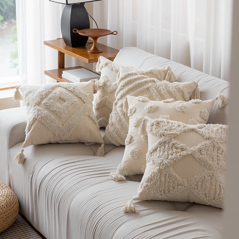 Cross-Border Bohemian Tufted Embroidered Pillow Cover with Tassels, Fringe Sofa Cushion Cover, Geometric Line Decorative Solid Color Cushion