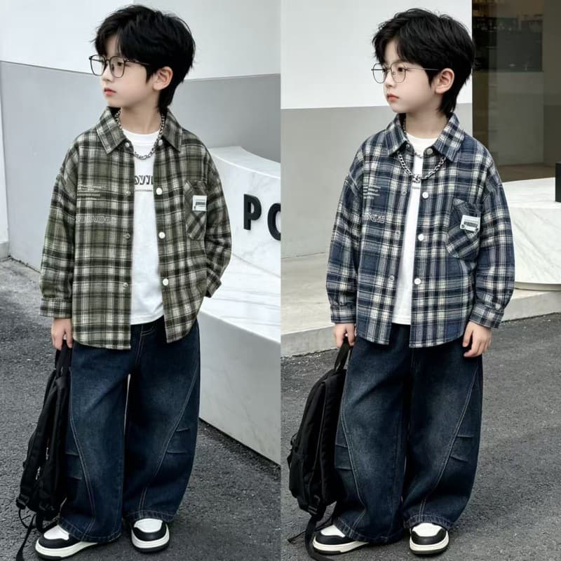 Cross-border spring and autumn new baby boy suit plaid pocket shirt jacket boy casual long-sleeved trousers three-piece set