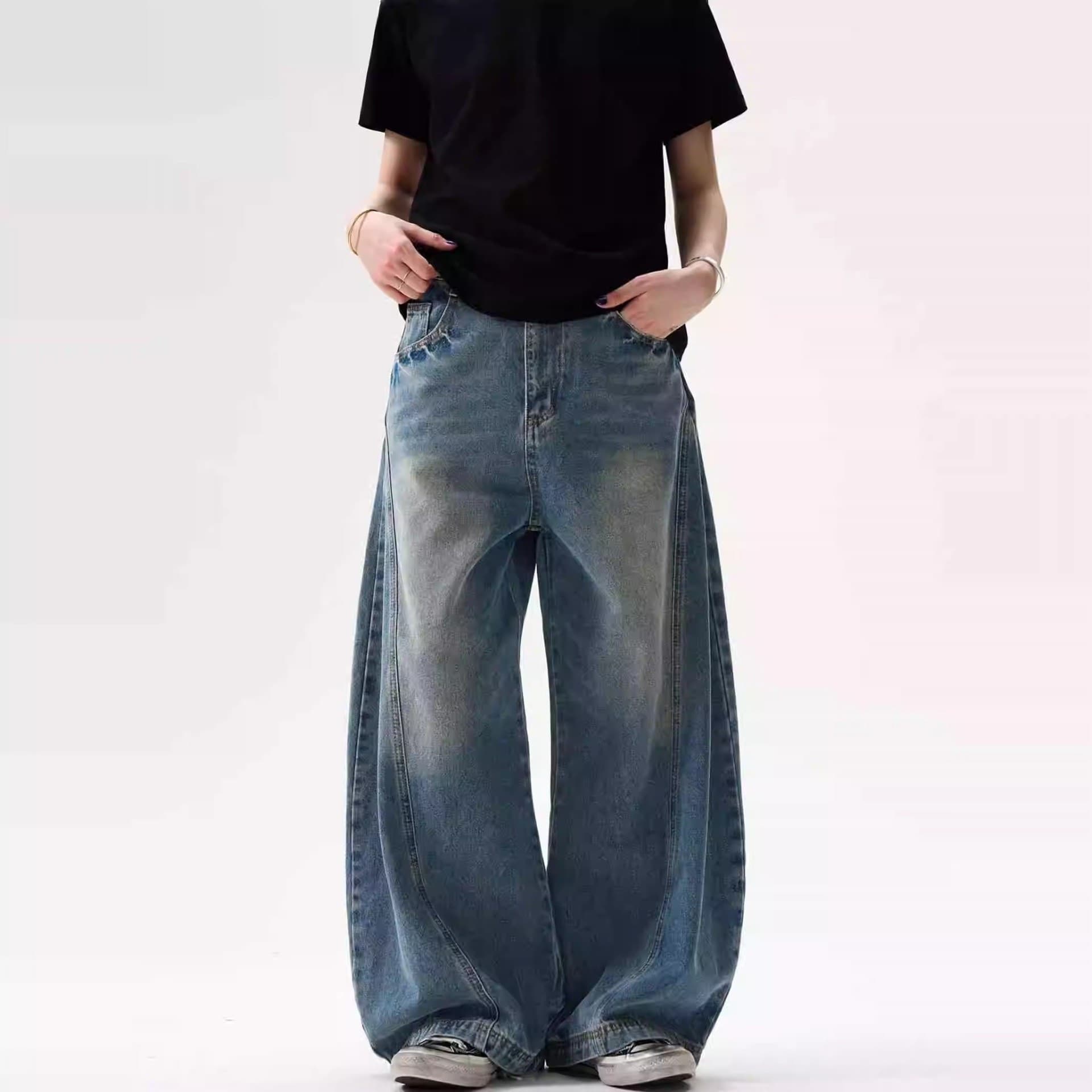 American-Style Sickle Jeans for Men, Vintage Curved Design, Washed and Distressed, Large Size, Wide-Leg, Loose Fit, Straight Cut