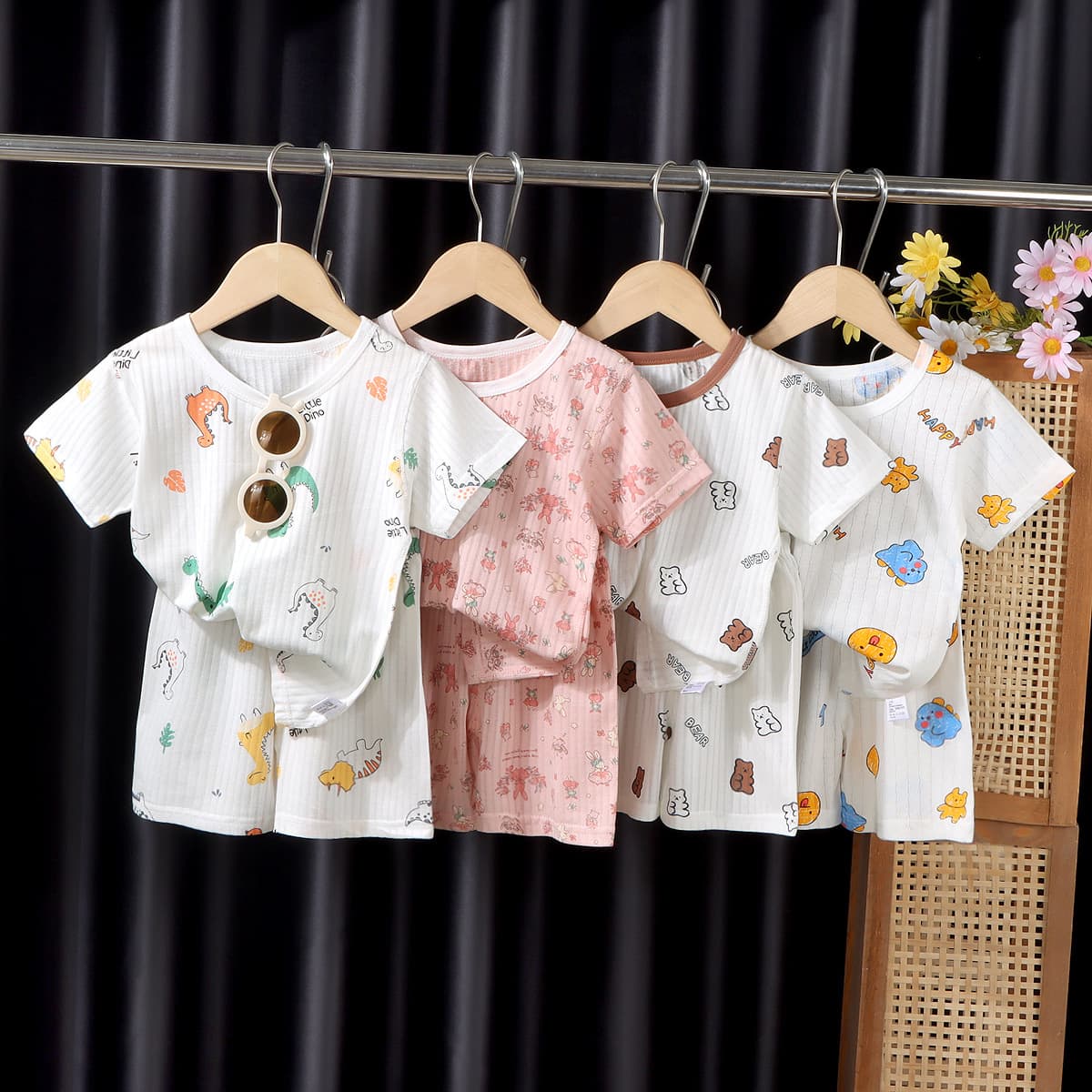 Children's Short Sleeve Shorts Set Jacquard Jersey Homewear Boys Air Conditioning Wear Girls Pajamas Summer