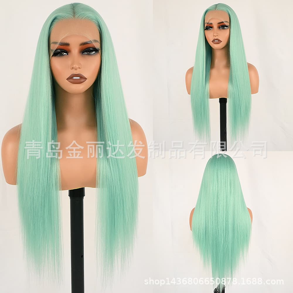 Hot-Selling Cross-Border Lace Front Wig for Women, Hand-Tied Lace Cap, Ice Blue Long Wig, Middle Parting, Realistic Human Hair Full Head