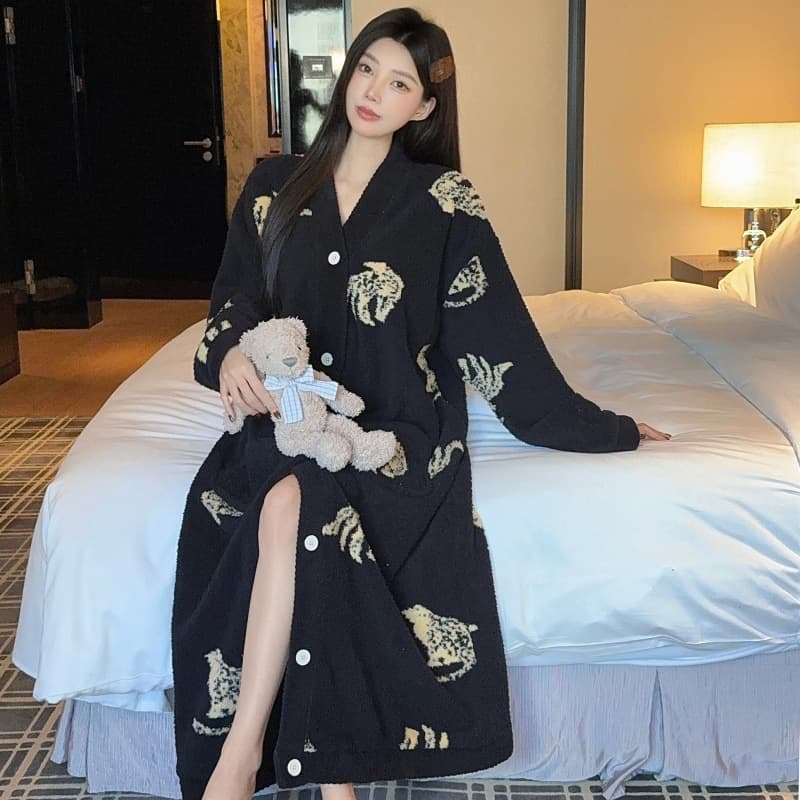 Winter V-Neck Warm Half-Fleece Thick Long-Sleeve Zodiac Year New Year Red Sleep Dress Cardigan Robe Bathrobe Pajamas for Women