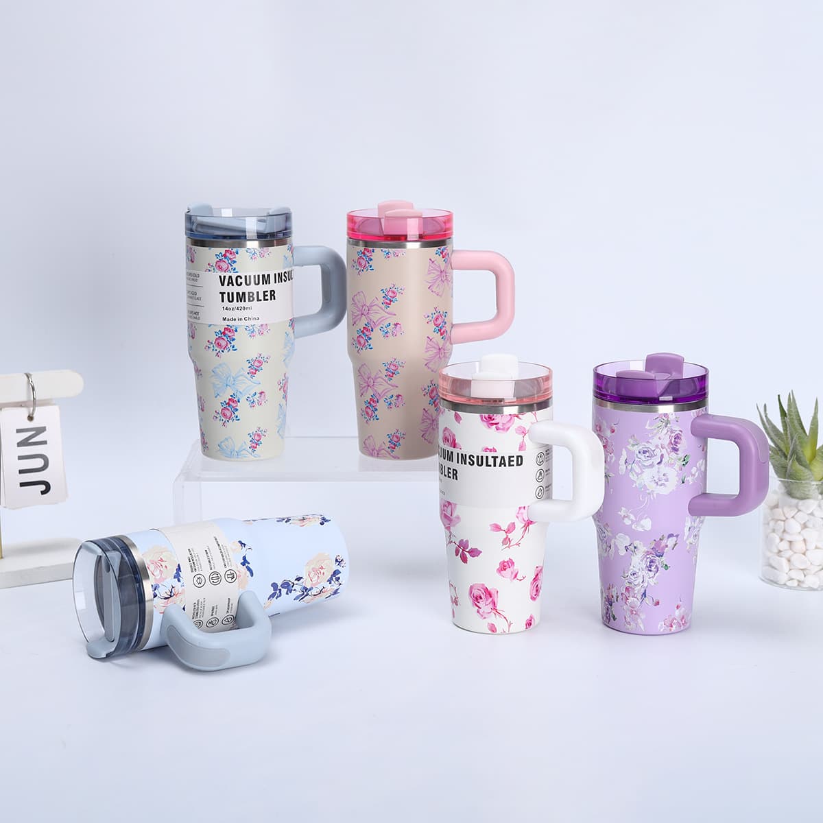 Cross-Border 3D Printed Floral Thermos Cup, Fashionable and Stylish 14oz Stainless Steel Car Cup with Portable Handle, Ice Cup