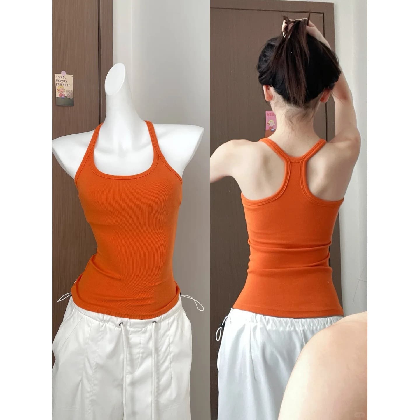 Yellow Skin Tone Flattering U-Neck Orange Slimming Camisole Top for Women Summer with Built-in Pads, Slim Fit Inner Layering Top