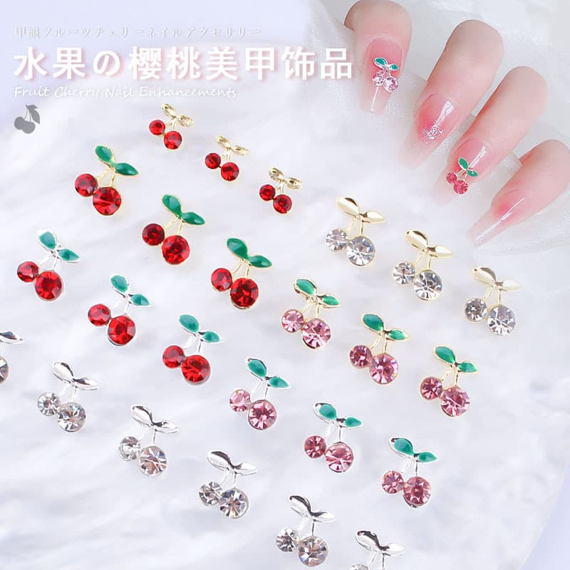 Cross-border Hot Selling Nail Art Accessories Wholesale Drop Oil Cherry Alloy Rhinestones Summer Cute Fresh Super Shiny Nail Decorations