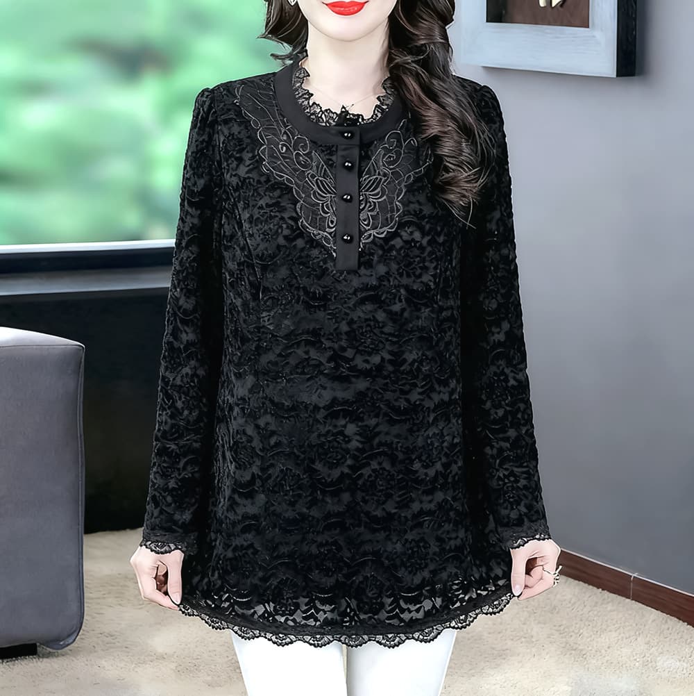 Thickened fleece autumn/winter plus size MM outfit slim elegant velvet jacquard base long sleeve lace shirt middle-aged women's clothing