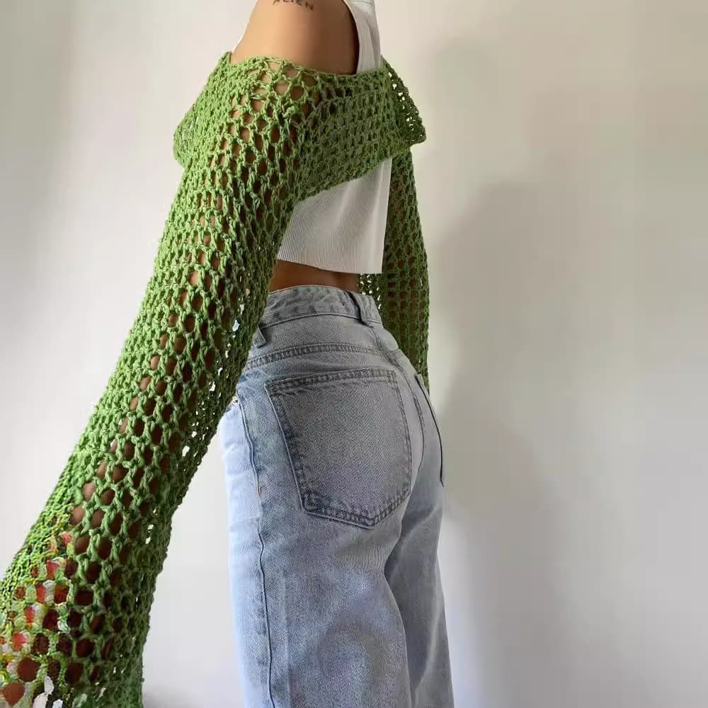 European and American 2025 Autumn New Women's Hand-Knitted Sweater, Casual Short Flared Sleeve Sexy Mesh Top