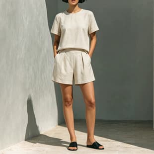 Linen Breathable Simple Set European American Women Summer New Old Money Style Loose Short Sleeve Top Shorts Two-Piece Set