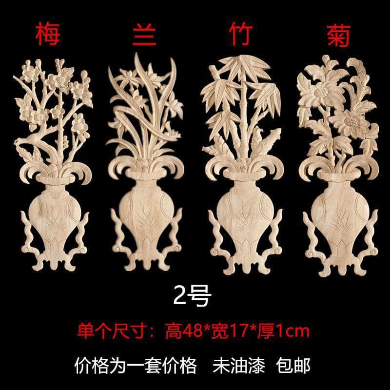 Solid Wood Decorative Carving Applique Chinese European Style Plum Orchid Bamboo Chrysanthemum Dongyang Furniture Cabinet Door Carved Corner Flower