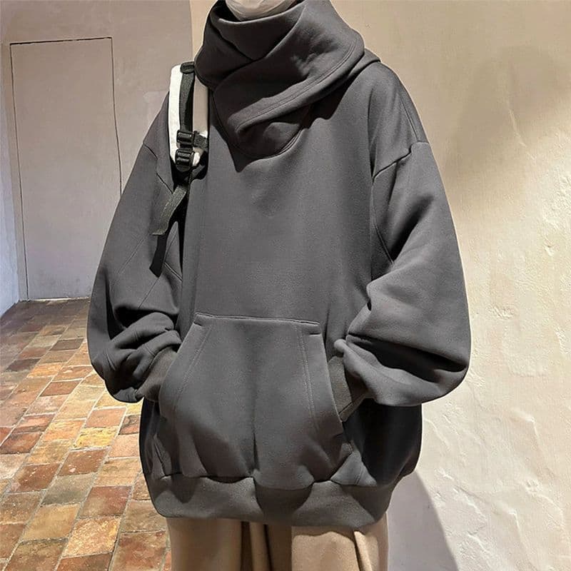 Social Anxiety Black Warrior Hoodie for Men Fall/Winter Heavyweight Techwear Jacket Oversized American Style High Collar Zip Hoodie