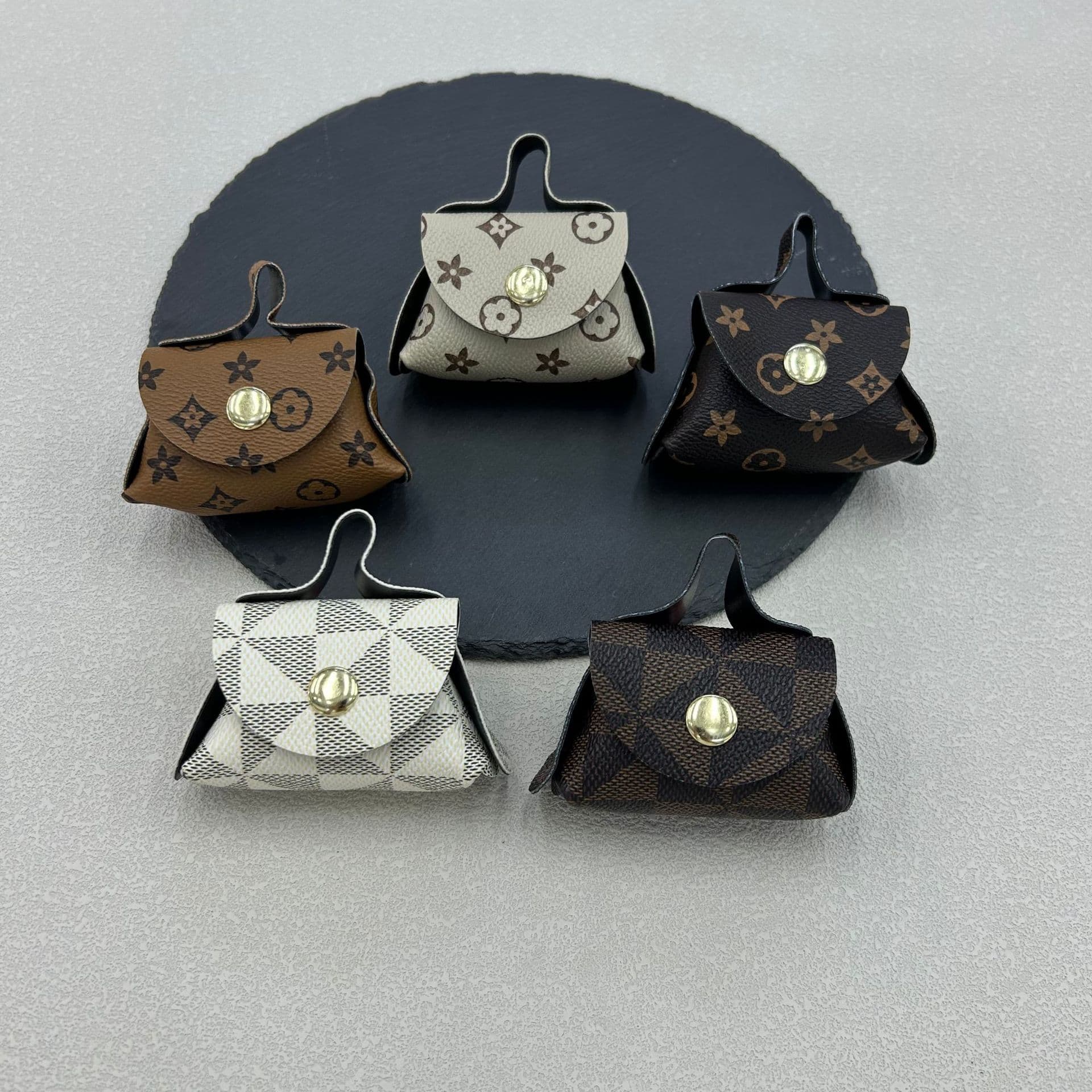 Cute mini leather pouch, coin purse, earphone case, storage bag, monogram charm, key card holder, keychain bag for women