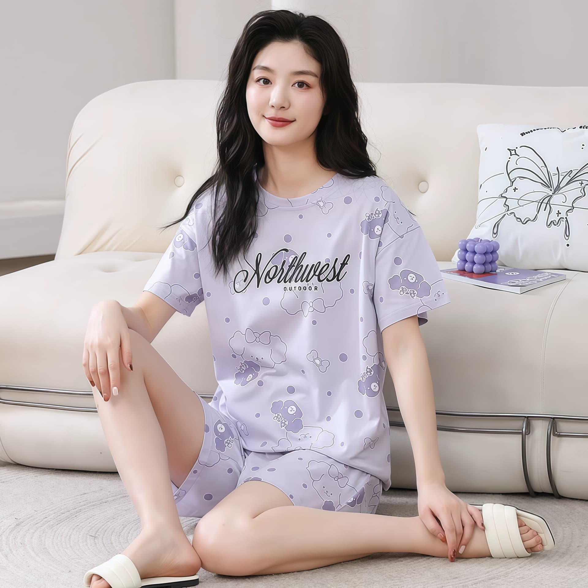 Malaysia's Popular Pajamas for Women, Summer Korean Style Short-Sleeved Women's Summer Home Wear Set, Cute Plus Size for Students