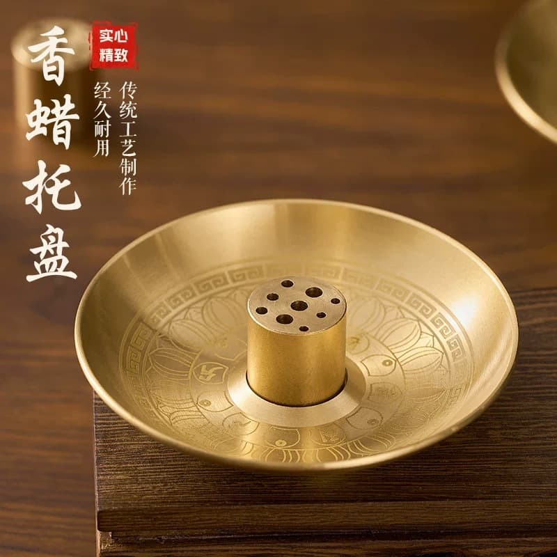 Brass Incense Tray with Nine-Hole Holder, Multi-Purpose Home and Temple Offering Plate for Incense Sticks