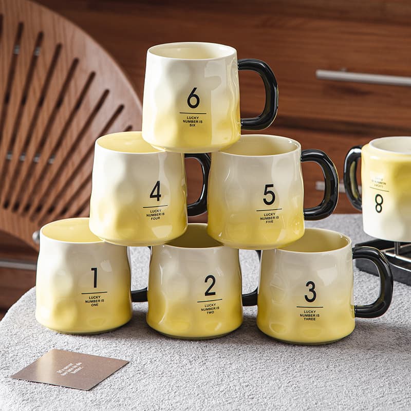 High-Quality Ceramic Mug Set, Digital Creative Coffee Cup, Home Breakfast Cup with Holder, Durable and High Temperature Resistant