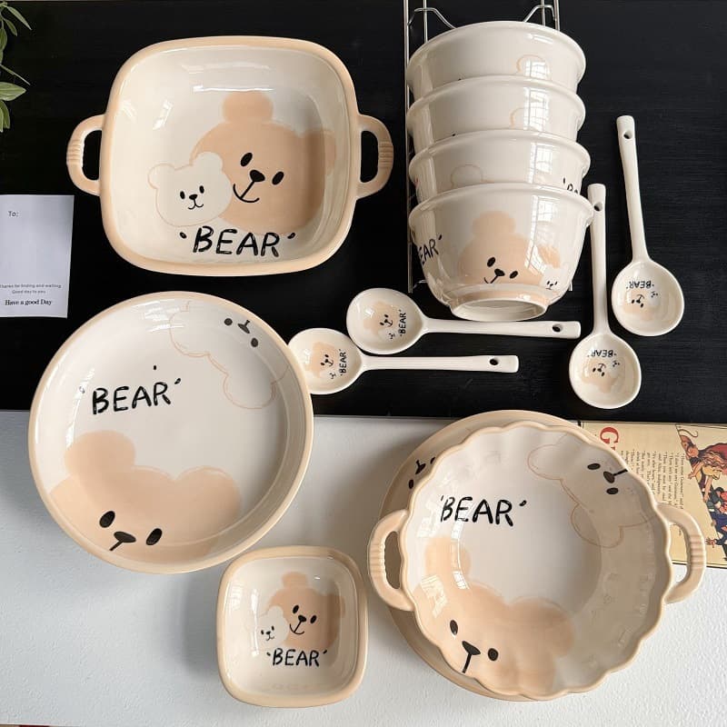 Cartoon Cute Bear Ceramic Dishes and Tableware Household Kids' Small Bowls Snack Dishes Yogurt Bowls Cute Bowls and Plates Set