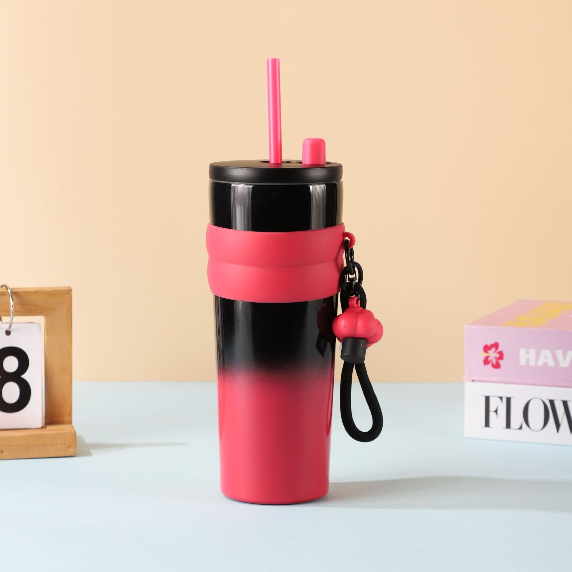 Black-Pink Gradient Straw Insulated Tumbler with Charm and Carry Strap, Dual-Drink Lid, Stainless Steel Car Coffee Travel Cup