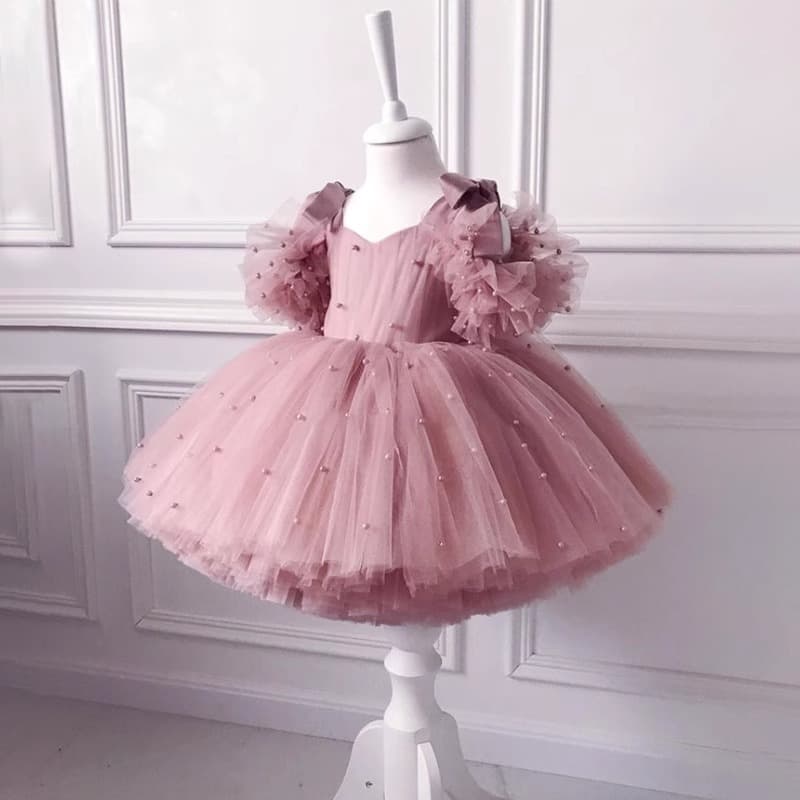 Girls' Formal Dress 2026 New Style Strapless Tutu Dress with Pearl Mesh for Toddlers and Kids Spring Wedding Dress