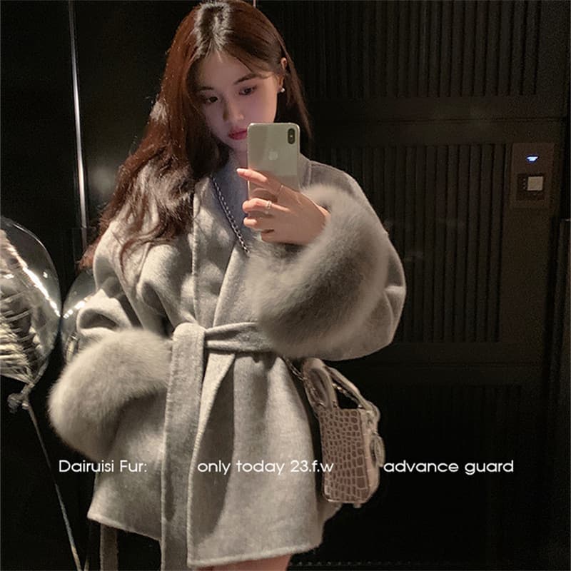 New Double-Sided Fox Fur Cape Wool Coat Dublin Cashmere Night Coat Berlin High
