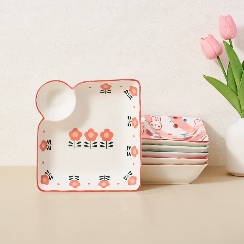 Fresh and Cute Ins Style Dumpling Plate with Floral Pattern, Underglaze Dipping Sauce Plate