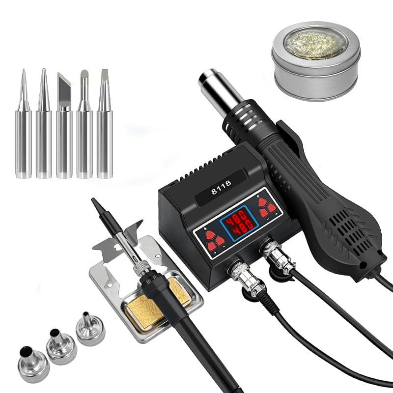 8118 Hot Air Rework Station Soldering Station 2-in-1 with Cleaning Ball and Spare Soldering Tips
