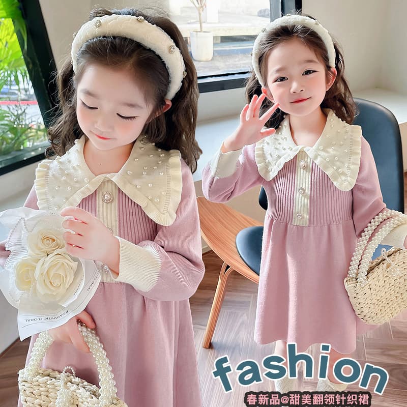 Girls' Knit Dress Fall Winter 2026 New Fashion Little Girl Square Neck Pearl Dress Toddler Princess Dress