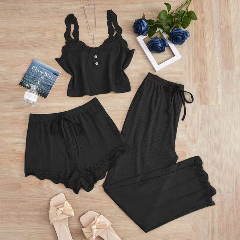 Hot-selling Cross-border Lace Trim 3-Piece Set: Camisole, Fitted Vest, Shorts & Long Pants Sleepwear for Women Slim Fit Home Wear