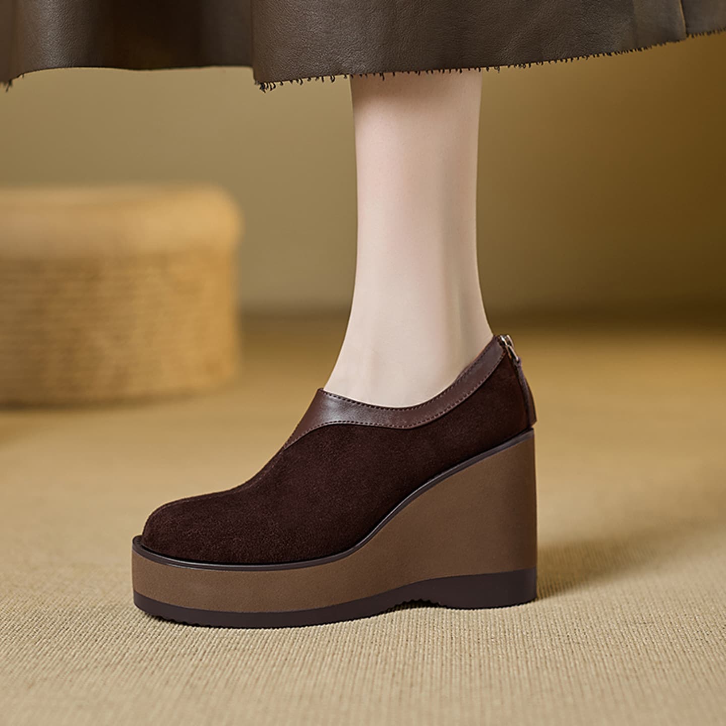 9cm High Heels 2026 Spring/Autumn Platform Shoes for Women Thick Sole Suede Vintage Leather Loafers Wedge Heel Deep Mouth Flats