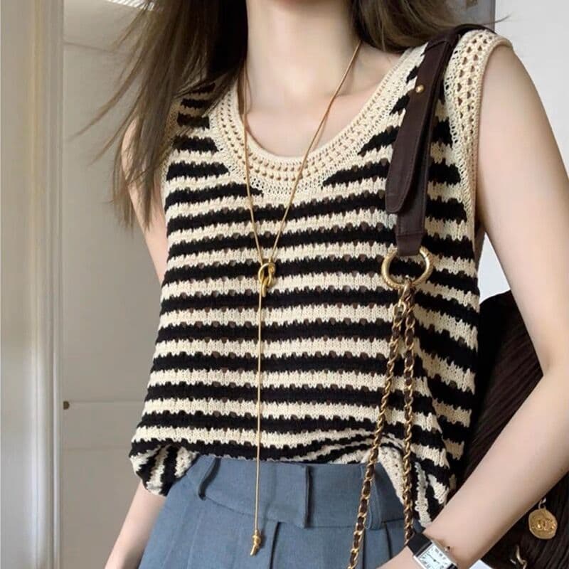 Striped knitted camisole women's summer outer wear loose French style inner hollow bottoming sleeveless T-shirt top