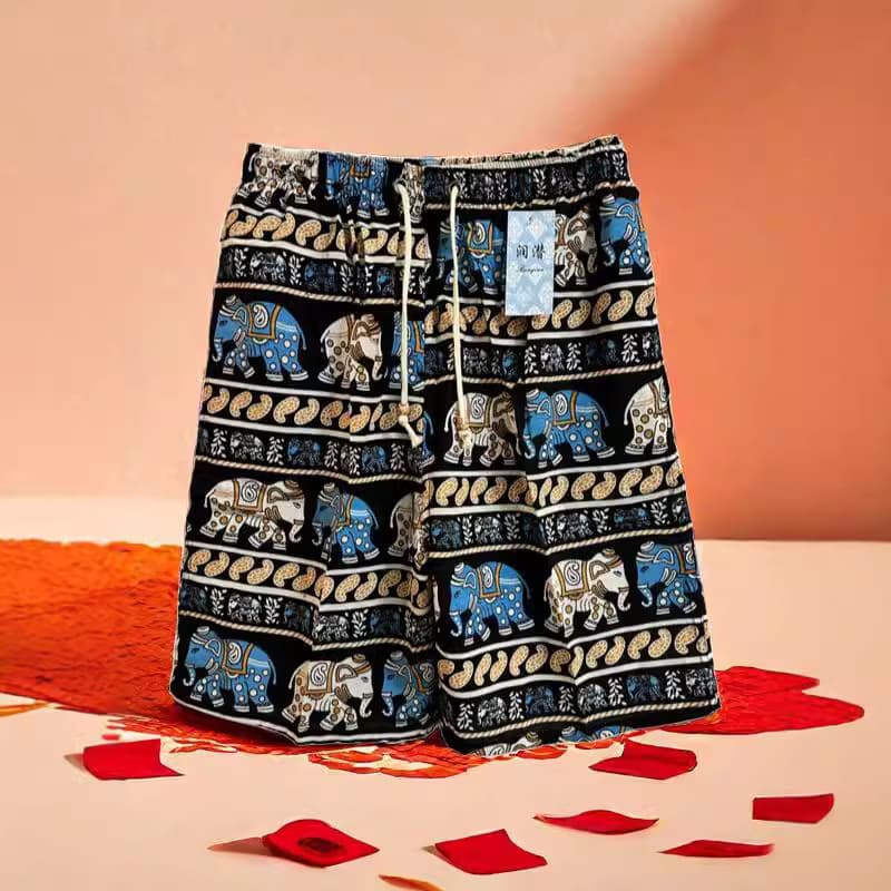 Men's Beach Pants, Casual Cotton-Linen Shorts, Men's Summer Outdoor Rafting, Home Sanya Ethnic Style, Dai Ethnic Large Shorts for Men