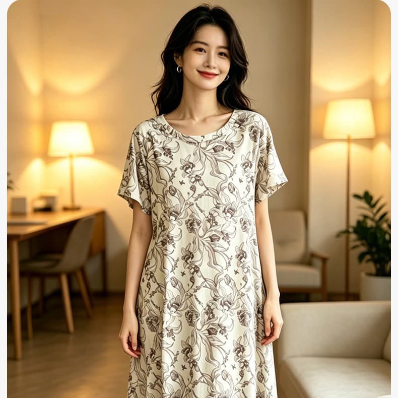 Custom Women's Spring/Summer Home Dress, Cool Bamboo Fiber Breathable Nightgown, Simple Comfortable Loose Round Neck Dress, Wear Out