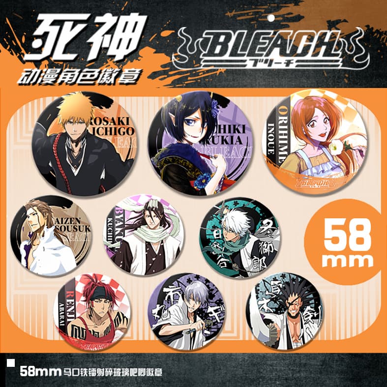Bleach Anime Tinplate Badges Kurosaki Ichigo Kuchiki Rukia Ichibishi Silver Laser Broken Glass Badge