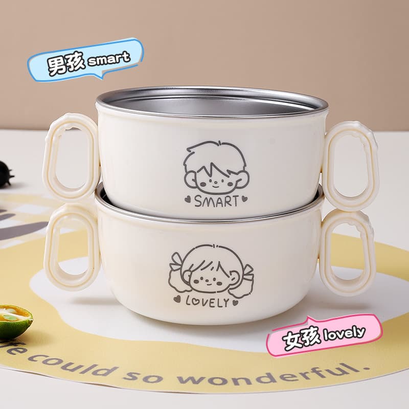 304 stainless steel liner double-eared food bowl without lid 400ml boys and girls exclusive children's bowl double-layer insulation