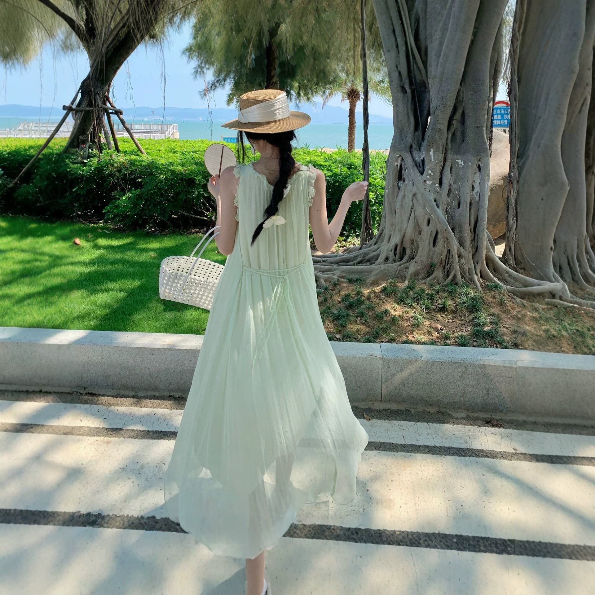 Vacation Style Chiffon Camisole Dress Women Summer Beach Long Dress Elegant Graceful Sleeveless A-Line Dress